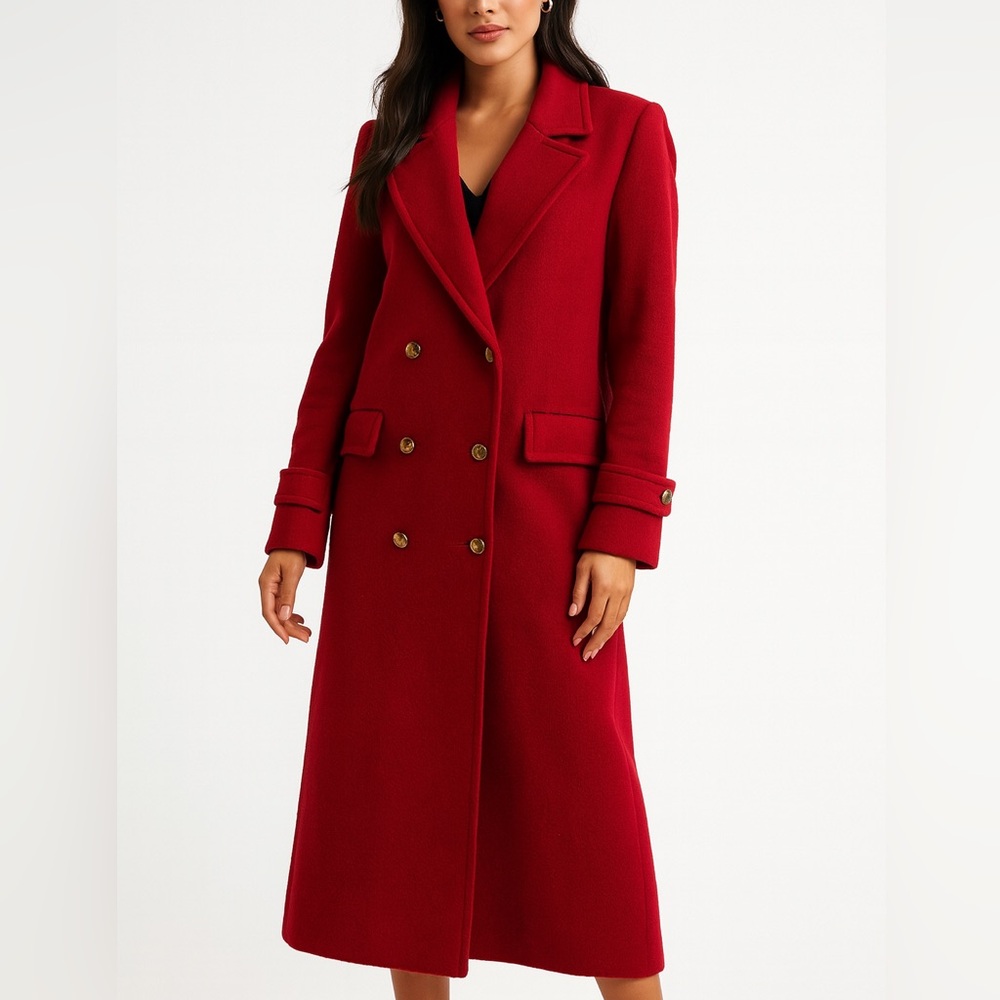 Evan Picone Red Trench Coat | Long Classic Coat | Elegant Statement | Size L